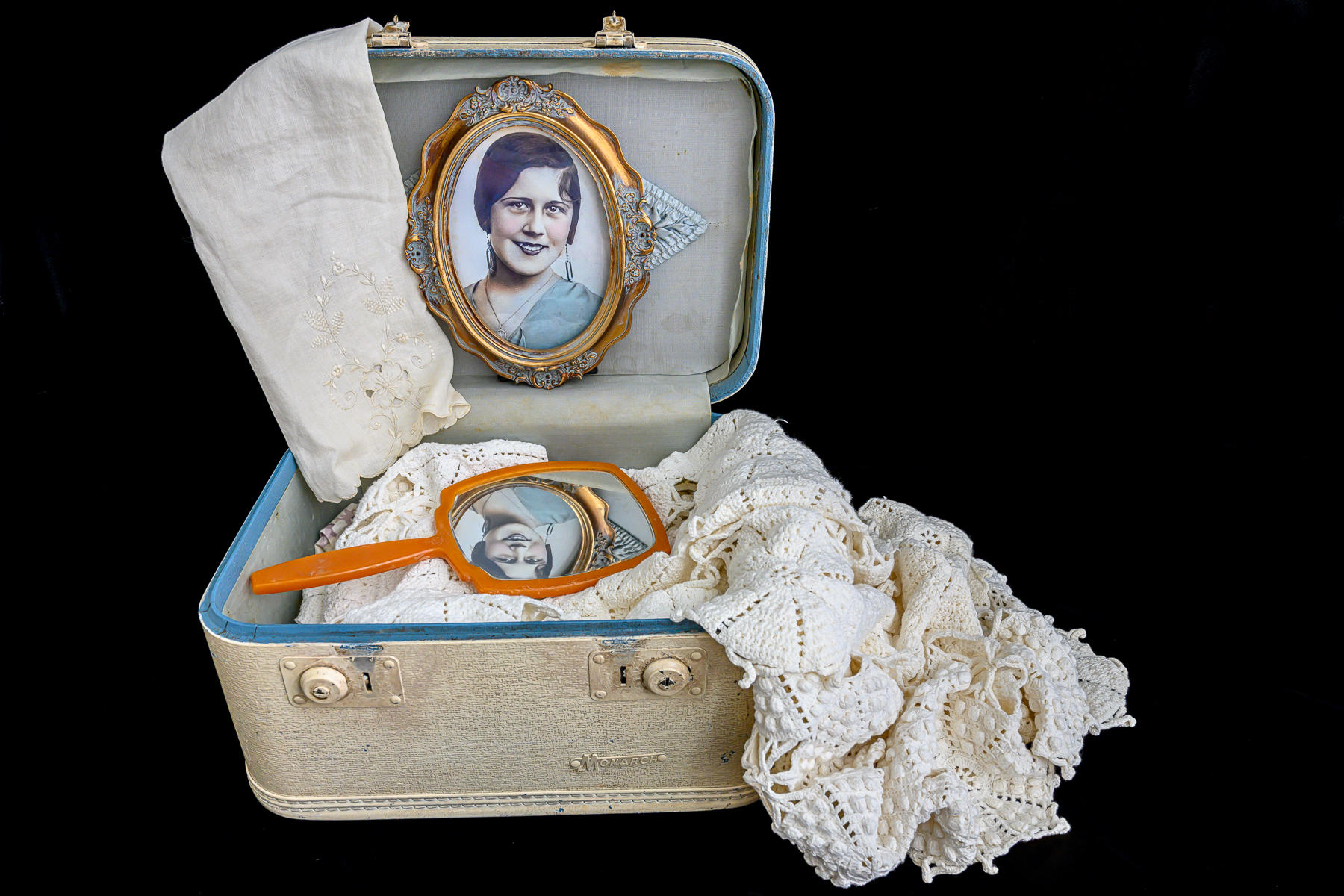 Mi Abuela, with vintage linens, and luggage.  : Recuerdos de mi Abuela : ELIZABETH SANJUAN PHOTOGRAPHY